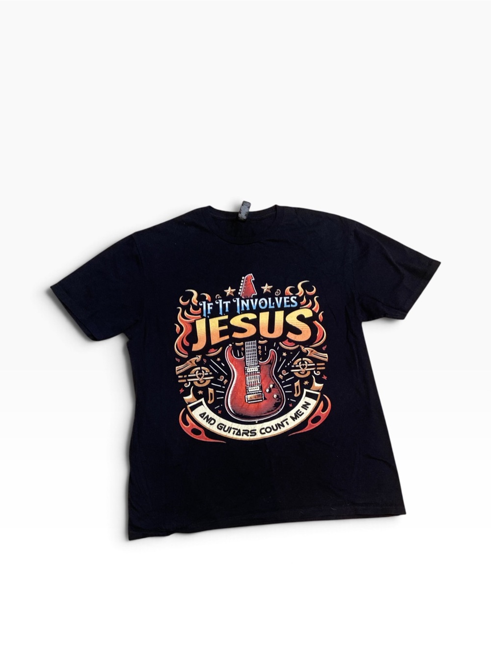 Gildan Black Short-Sleeve Tee with Red and Orange Guitar Graphic